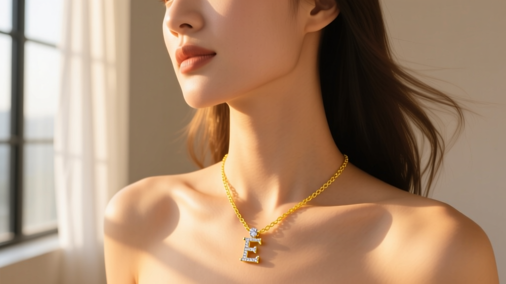 Woman wearing a yellow gold dainty charm necklace with a diamond initial pendant, catching warm sunlight on her collarbone