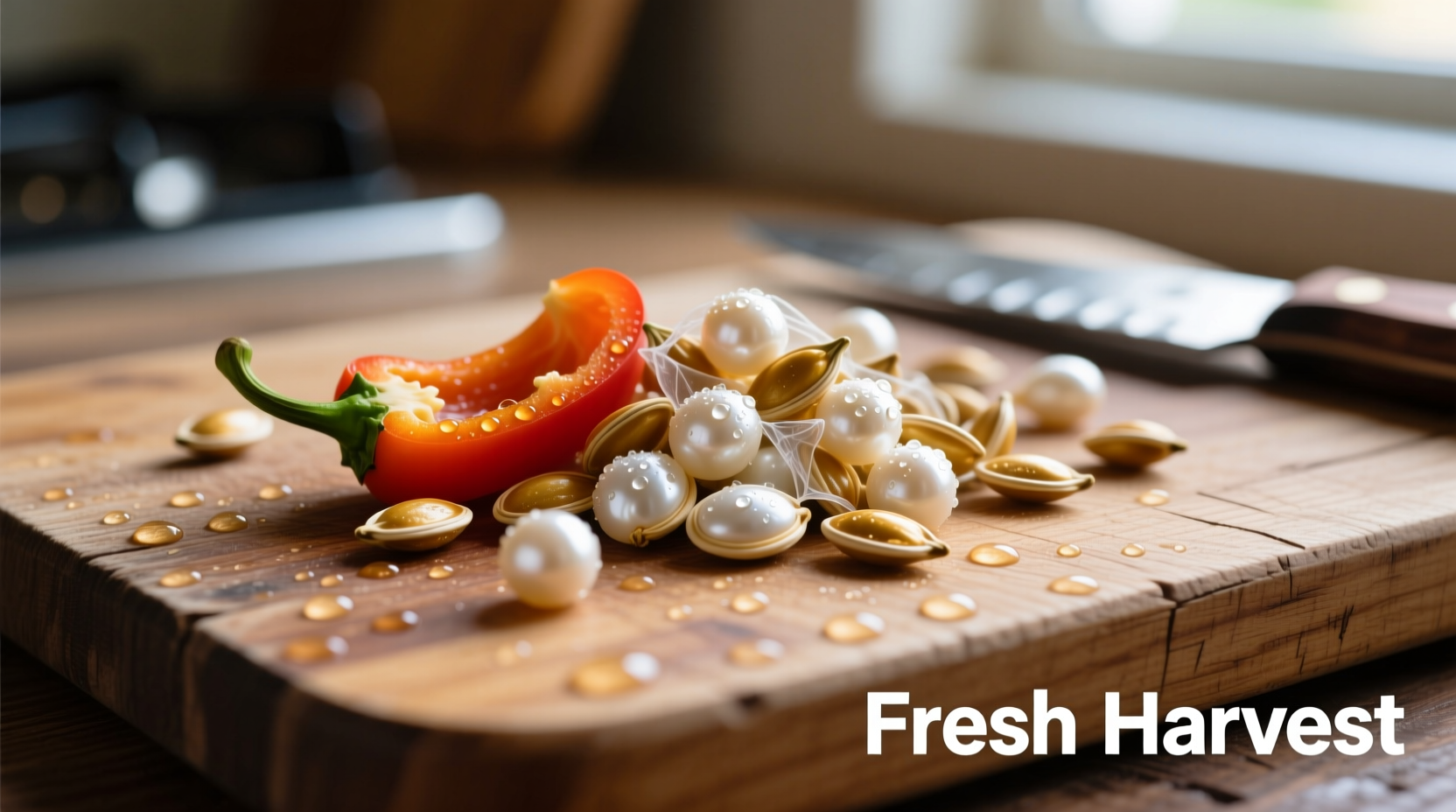 Close-up of bell pepper seeds on cutting board
