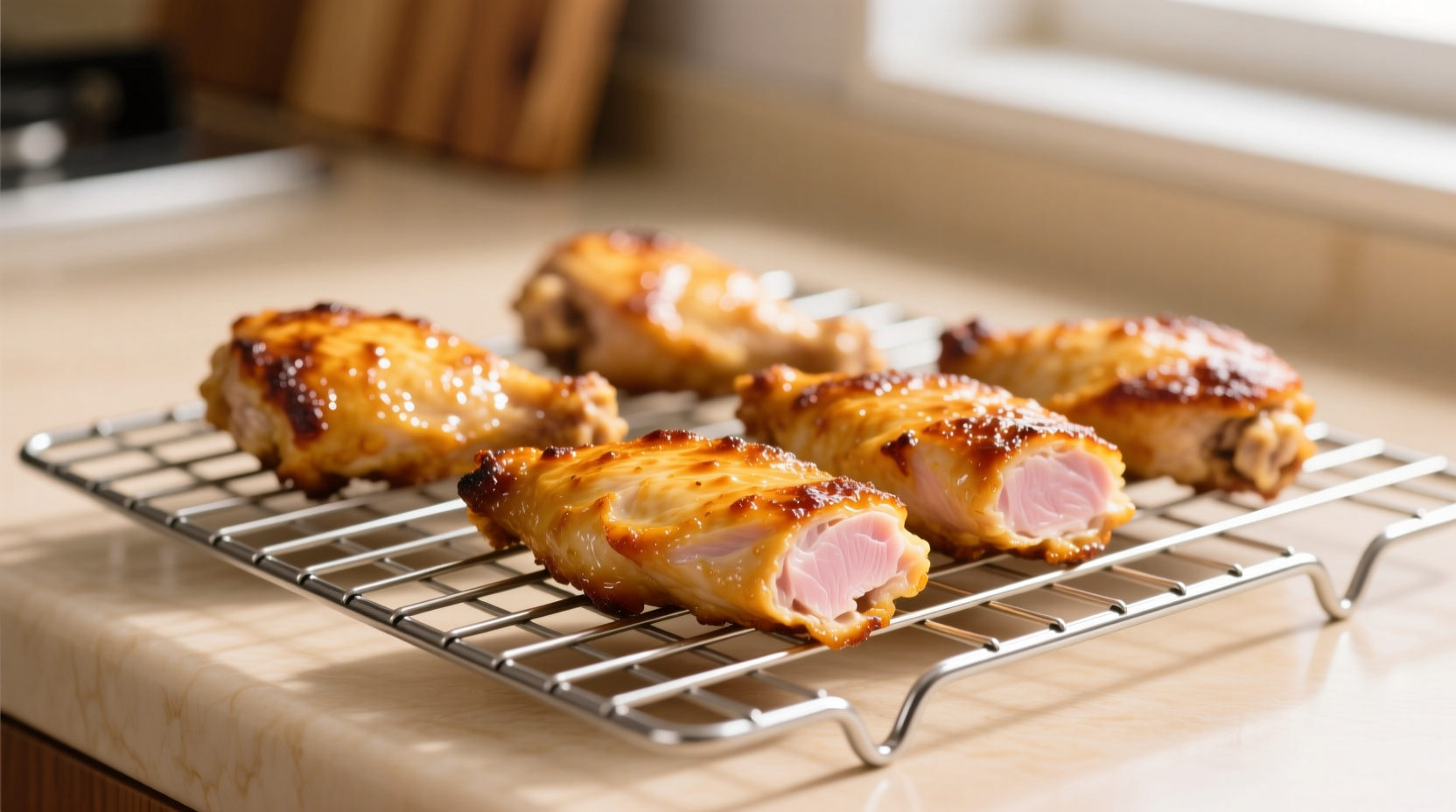 Perfectly cooked golden chicken tenderloins on wire rack