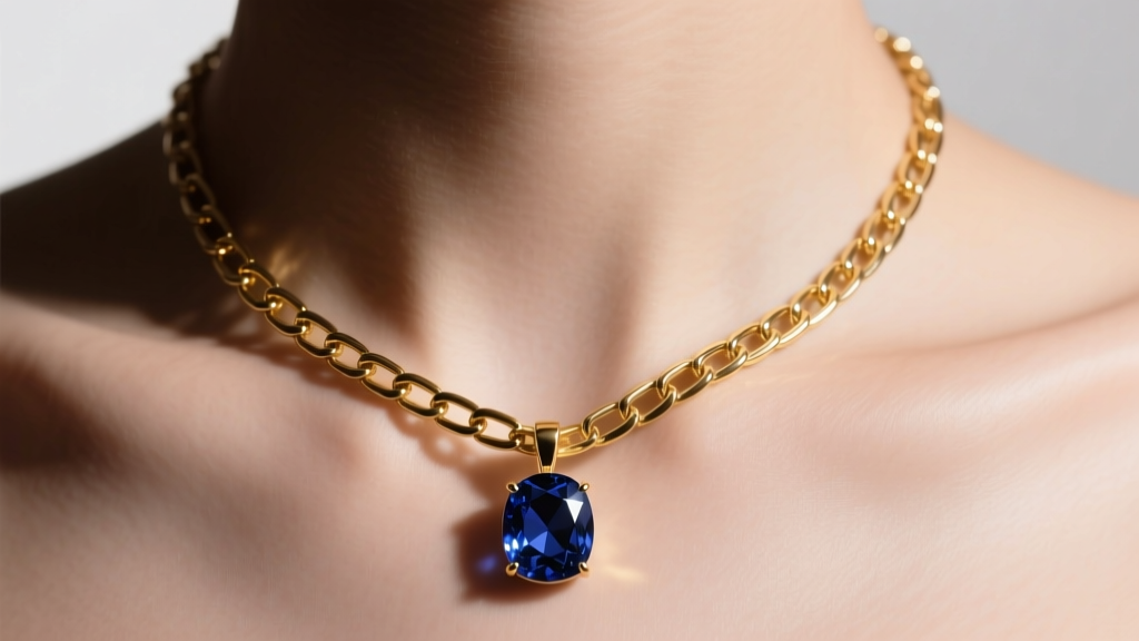 Close-up of a 20-inch 14k gold box chain with a sapphire pendant resting just below the collarbone under soft studio lighting.