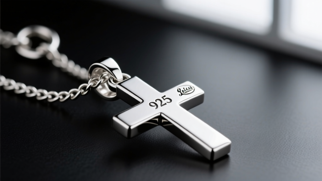 Macro shot of a rhodium-plated sterling silver cross necklace, highlighting the 925 hallmark and secure lobster clasp mechanism.