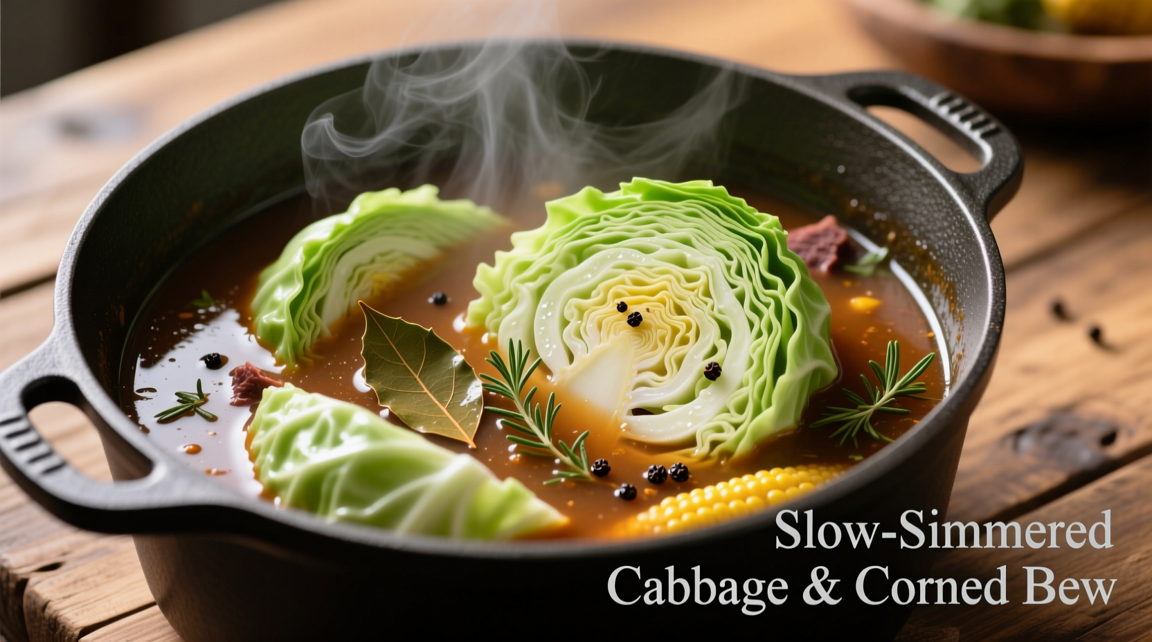 Quartered green cabbage cooking in corned beef broth
