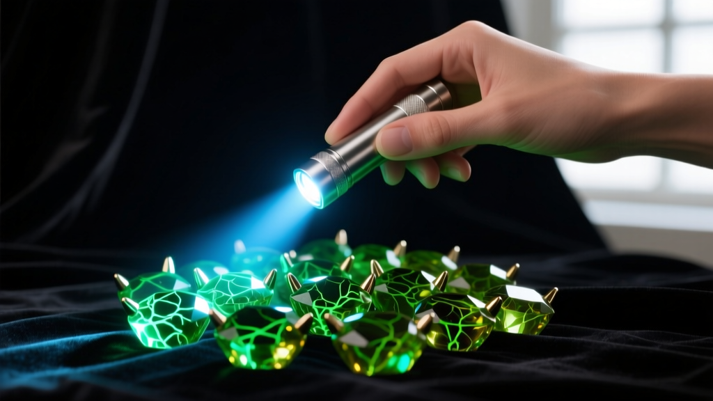 Hand holding a UV flashlight over green amber studs, revealing a pale blue fluorescent glow against a dark velvet background.