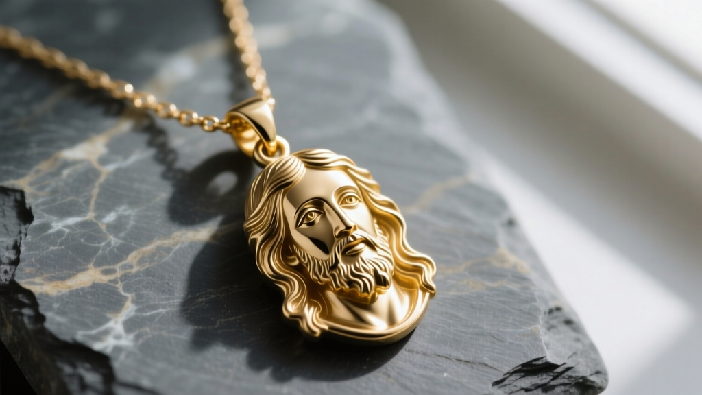 Close-up of a 14k gold necklace with Jesus pendant on slate, highlighting detailed facial casting and high-polish finish.