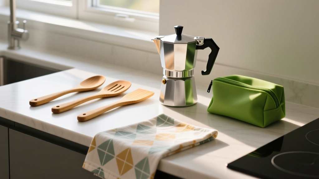 Modern kitchen counter displaying bamboo spatulas, a green silicone stash bag, and patterned Swedish dishcloths beside a steel coffee brewer