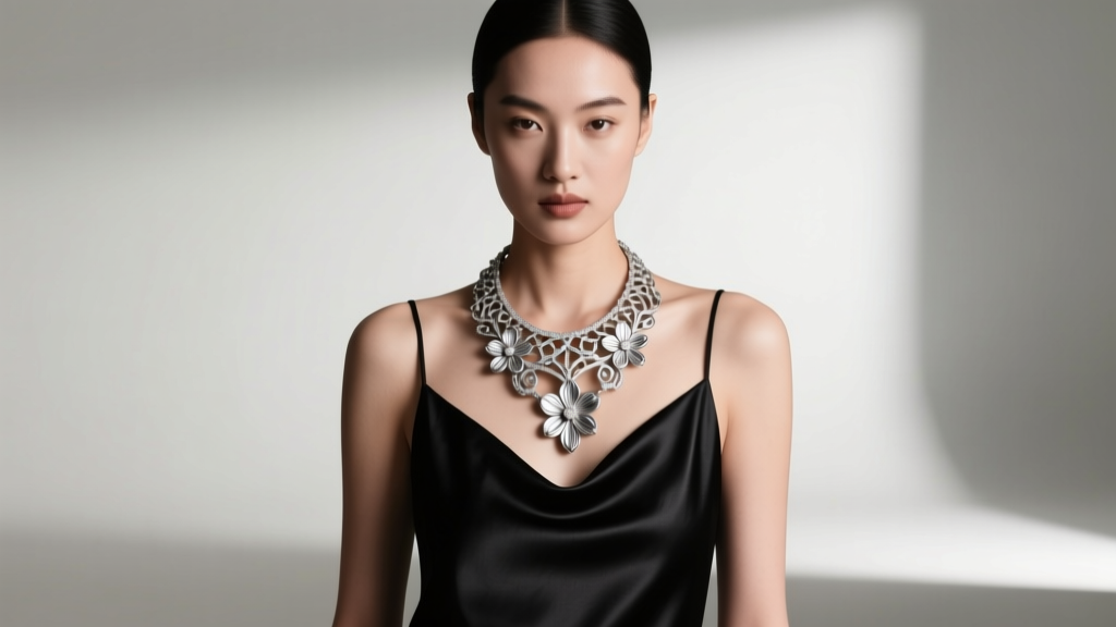 Model wearing a heavy silver squashblossom necklace over a minimalist black silk slip dress, captured in soft studio lighting.
