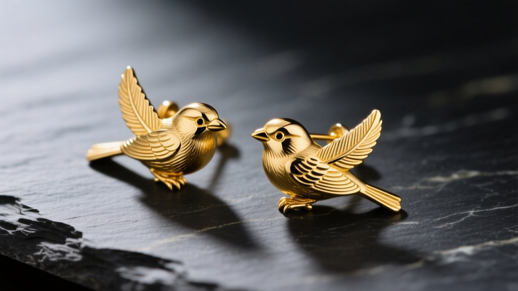 Close-up of 14k yellow gold sparrow earrings with intricate feather texturing, resting on dark slate, soft directional lighting.