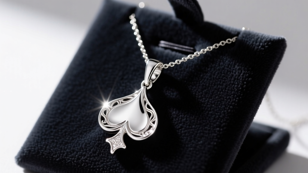 Close-up of polished Kate Spade .925 sterling silver spade pendant necklace resting on a dark charcoal velvet jewelry display pad.