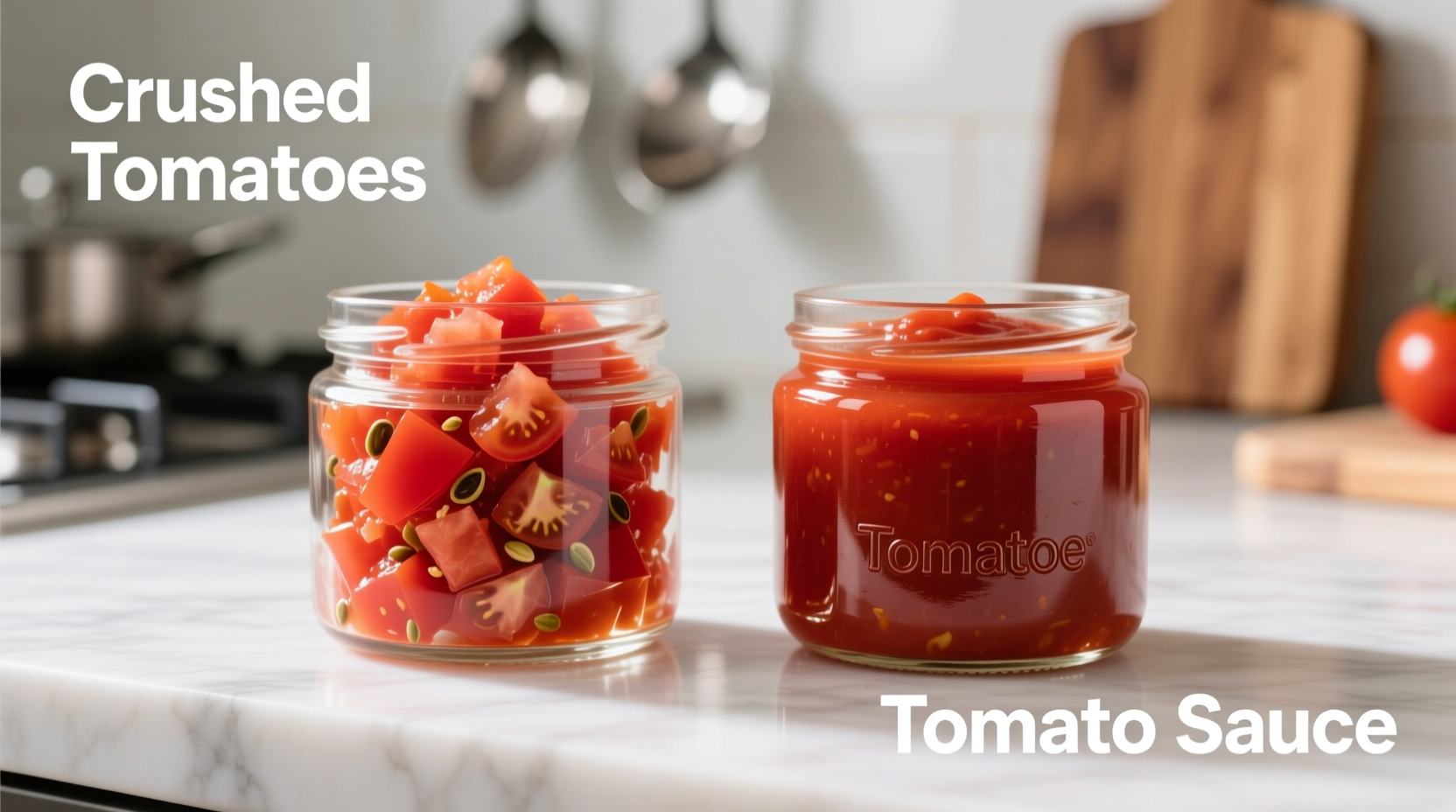 Side-by-side comparison of crushed tomatoes and tomato sauce in clear containers