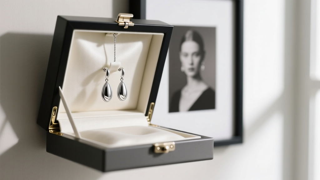 Wall-mounted photo frame jewelry box with swinging portrait, exposing anti-tarnish cloth lining and hanging silver drop earrings.