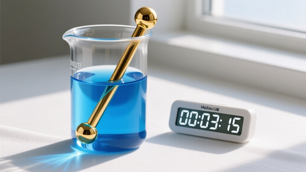 Glass beaker filled with blue Madacide disinfectant solution, submerging a gold-plated circular barbell next to a digital timer.