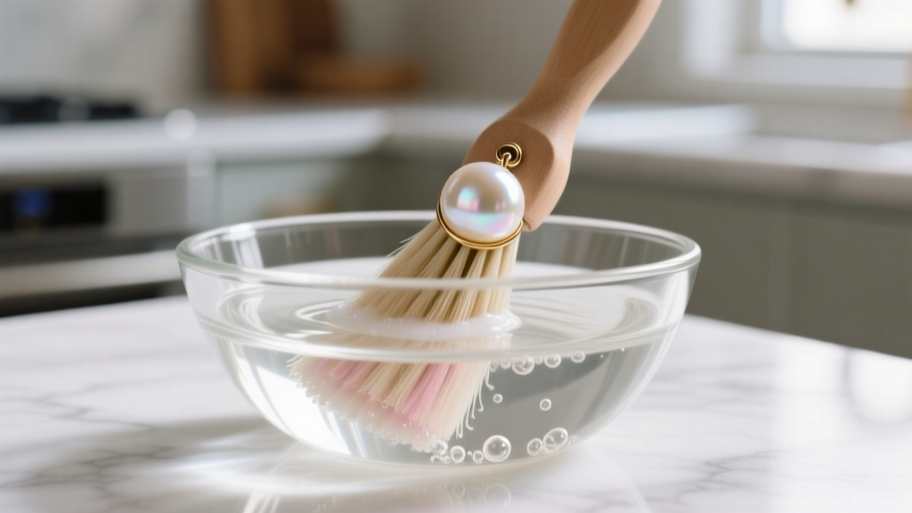 Soft brush gently cleaning a converted vintage pearl earring in a glass bowl of lukewarm water and mild castile soap
