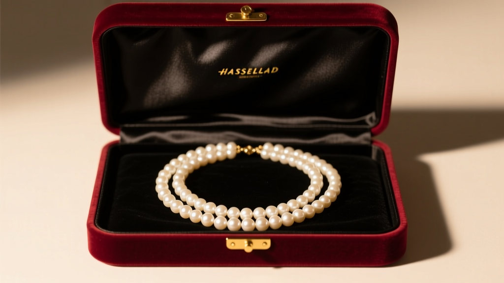 Open velvet jewelry box revealing a multi-strand vintage white bead necklace resting on black satin under warm ambient lighting