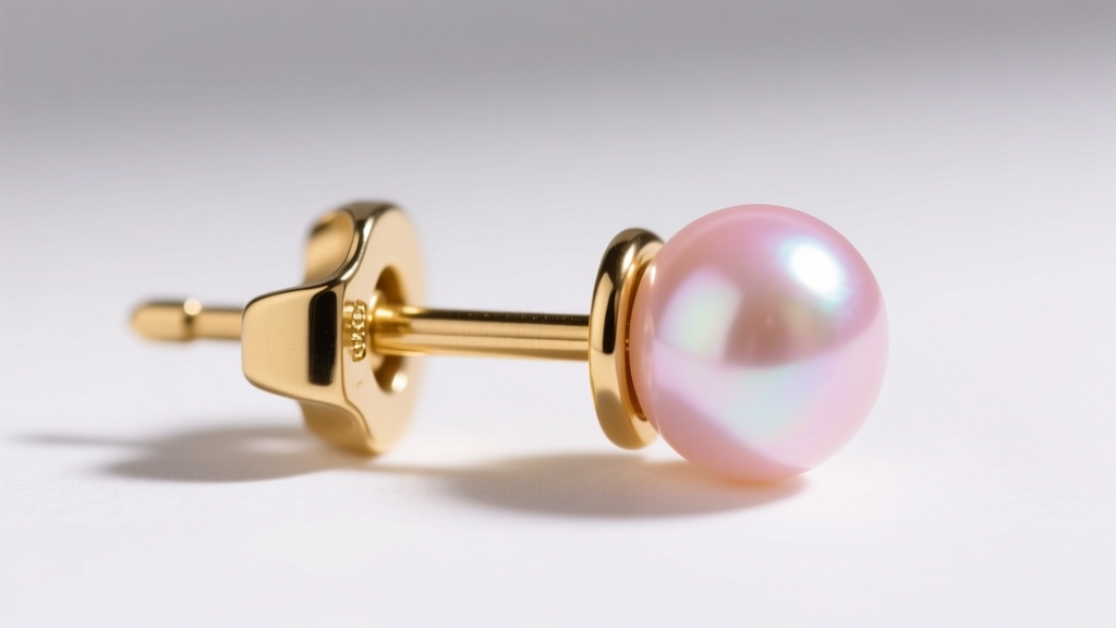 Side profile of a La Pousette secure earring back locking onto an 18-gauge gold post, securing a small pastel pink pearl earring.