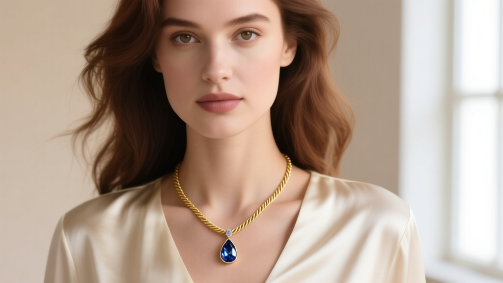 Close-up of a woman wearing a delicate 22 in gold rope necklace with a teardrop sapphire pendant resting on a cream silk blouse.