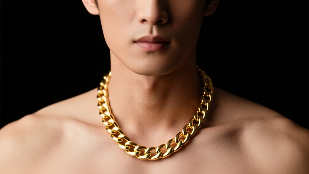 Man wearing a 20-inch 4mm 14k yellow gold Cuban link chain resting on collarbone, studio lighting, sharp focus, dark background.