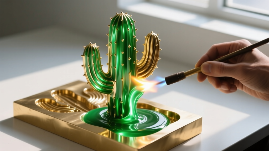Jeweler firing translucent green enamel into a carved gold saguaro cactus mold, highlighting the glowing molten glass texture.