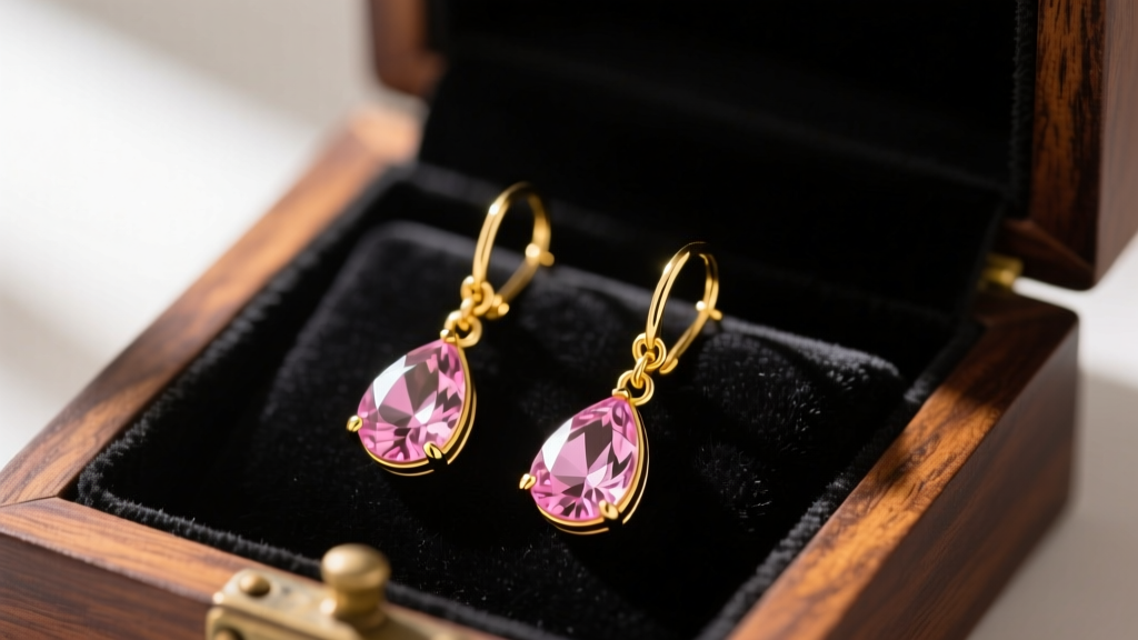 Elegant 18k yellow gold drop earrings with teardrop morganite gems resting on dark velvet inside an open mahogany jewelry box.