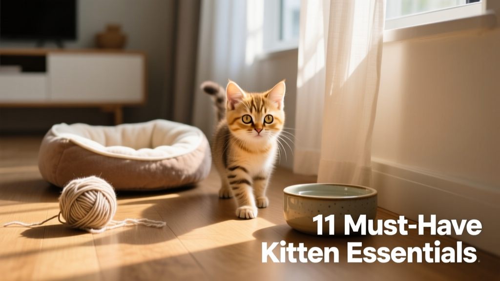 A joyful kitten exploring a cozy, sunlit corner of a home with a small bed, toy, and water bowl nearby