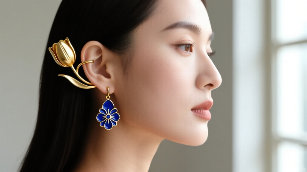 Side profile of a woman styling an asymmetrical ear curation with a gold tulip helix stud and a larger enamel drop on the lobe