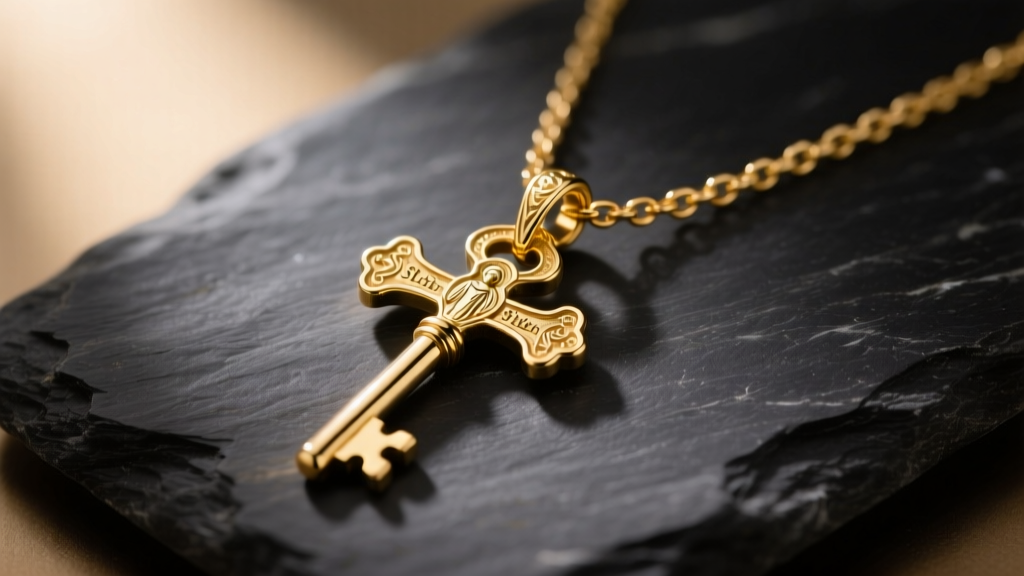 Close-up of a 14k solid gold St Peter necklace with a crossed keys pendant resting on dark slate stone under soft, warm lighting.