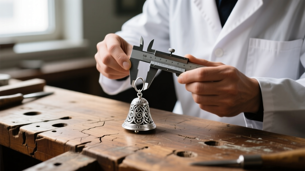 Jeweler using calipers to measure an 18-gauge sterling silver ear wire on a heavy bell earring atop a scarred wooden workbench.