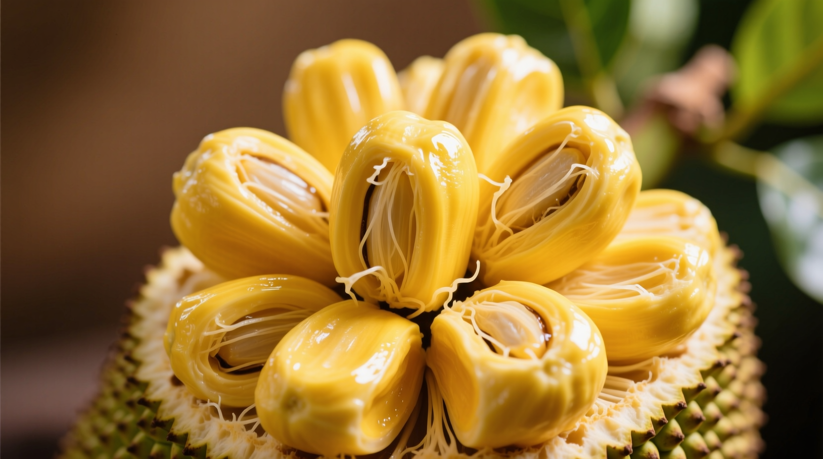 Ripe jackfruit flesh showing yellow pods and fibrous texture