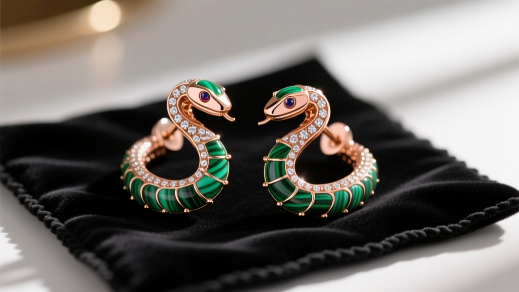 Close-up of 18k rose gold Serpenti earrings with malachite scales and diamond pave resting on a dark velvet jewelry cleaning mat.
