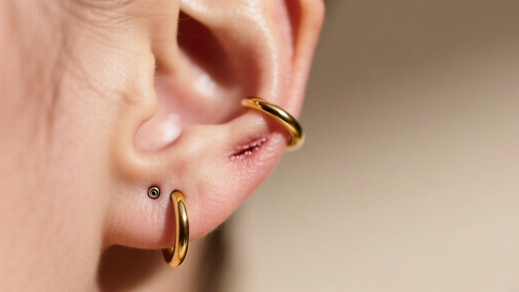 Close-up of a healed earlobe piercing wearing a 20-gauge gold hoop, showing clear healthy skin around the fistula in soft daylight.