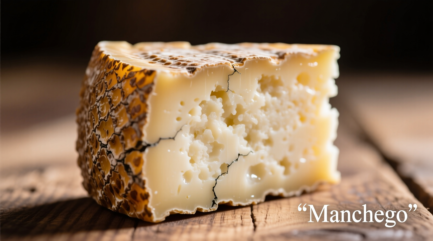 Sliced Manchego cheese showing characteristic texture and rind pattern