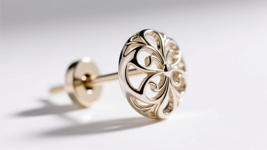 Side profile of a die-struck 14k white gold filigree stud earring showing sharp wire edges and a secure friction post backing