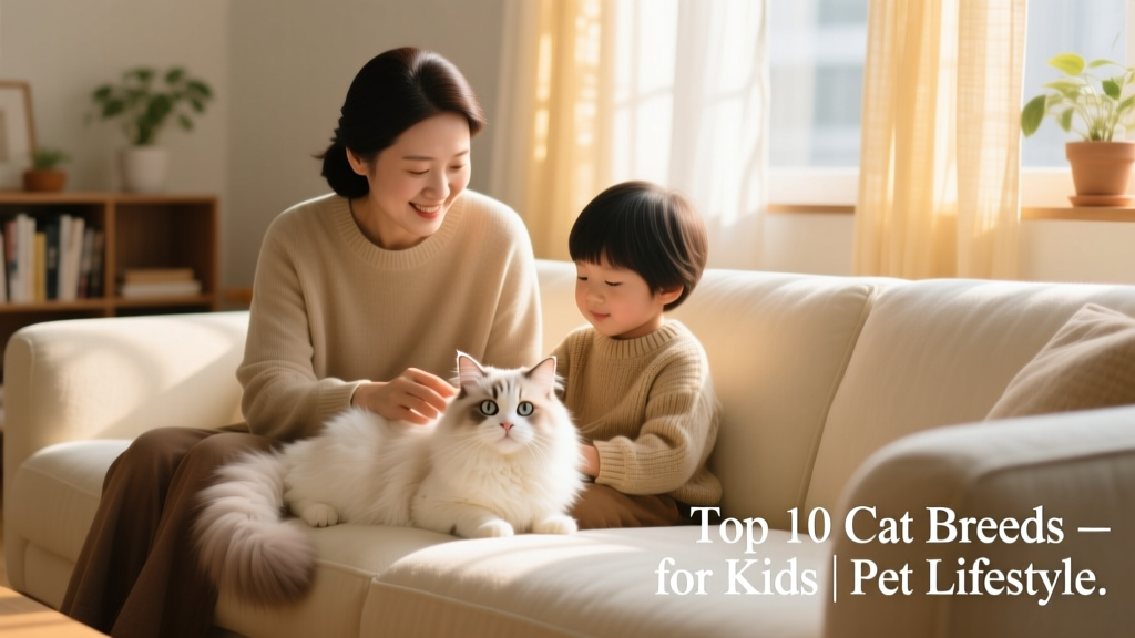 A parent and child sitting side-by-side, gently brushing a fluffy Ragamuffin cat on a cozy sofa
