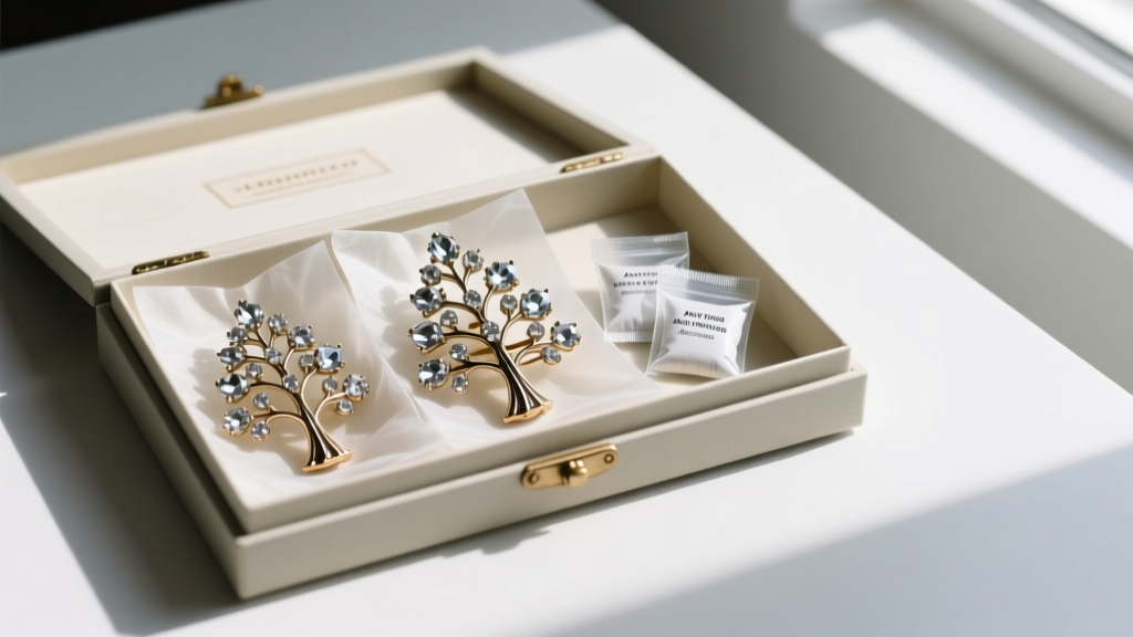 Archival box with vintage rhinestone tree brooches wrapped in acid-free tissue paper next to anti-tarnish silica gel packets.