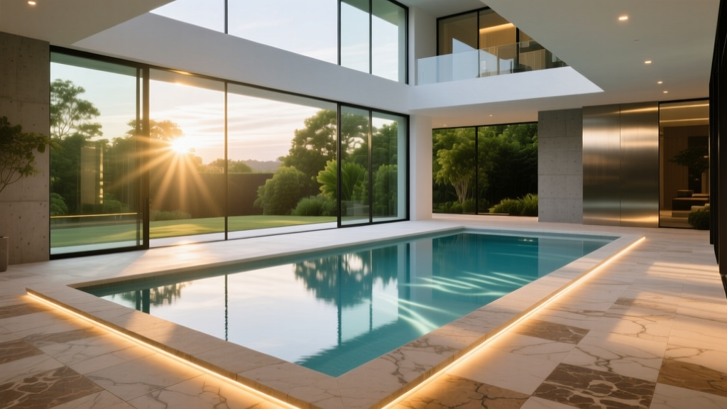 Luxurious indoor swimming pool with large glass windows, natural stone decking, and modern LED lighting in a residential home.