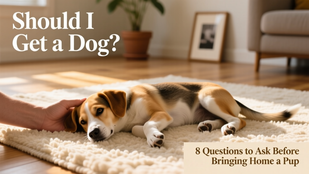 A gentle close-up of a calm adult hand resting beside a relaxed young dog lying on a soft rug, with soft natural light and minimal background clutter