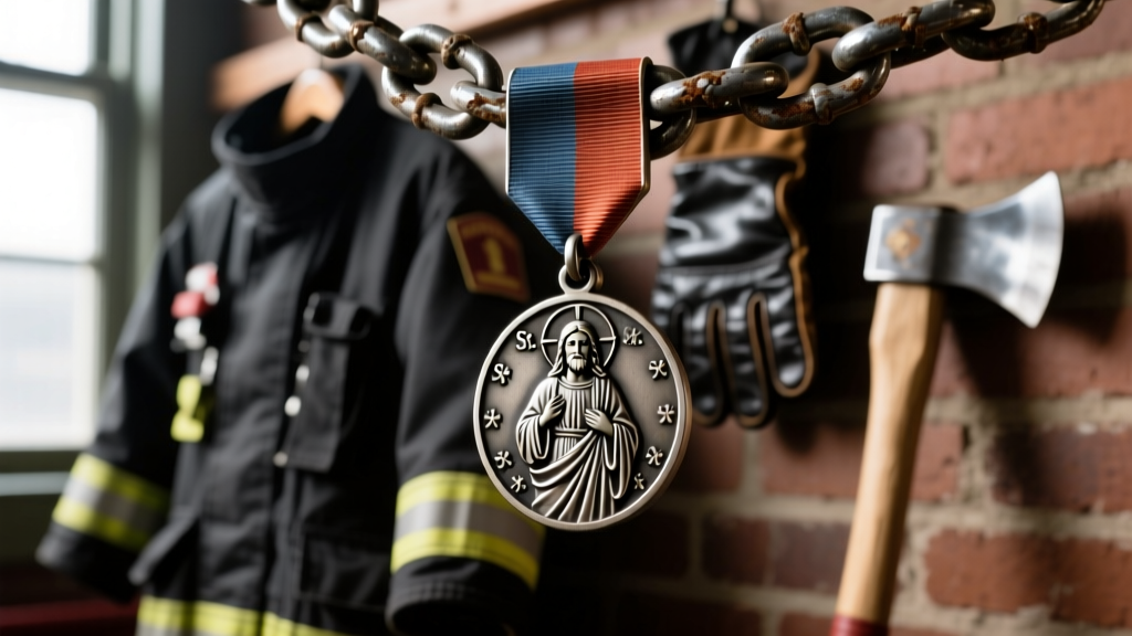 Rugged steel rope chain holding a detailed St Jude medal against a blurred background of dark fire station turnout gear and axes