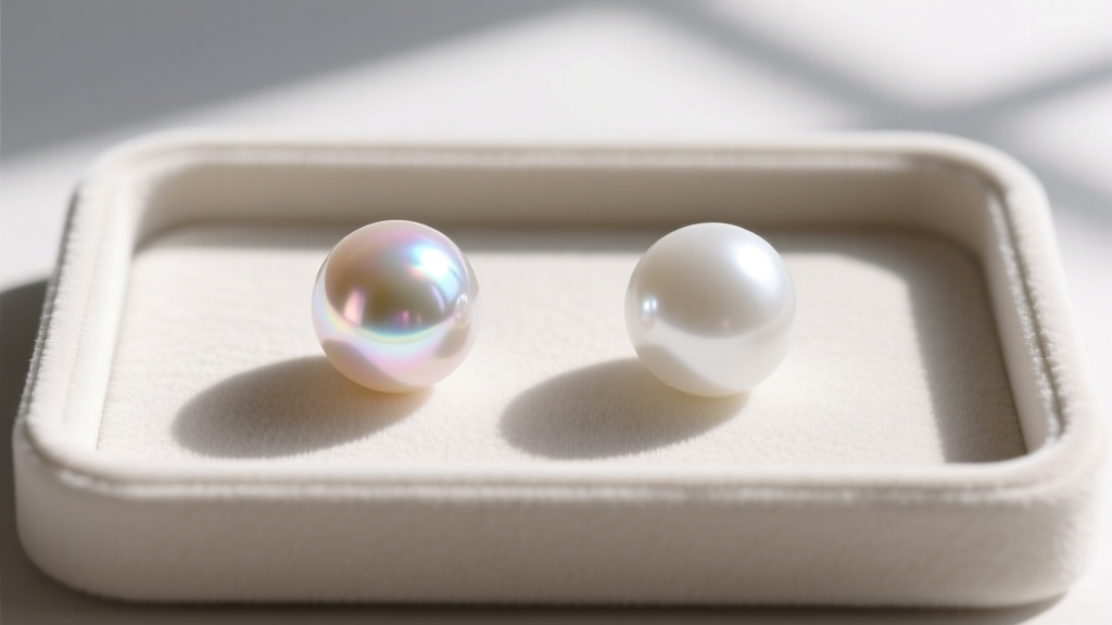 Side-by-side macro comparison of a lustrous 6mm freshwater cultured pearl and a matte resin imitation pearl on a jeweler's loupe.