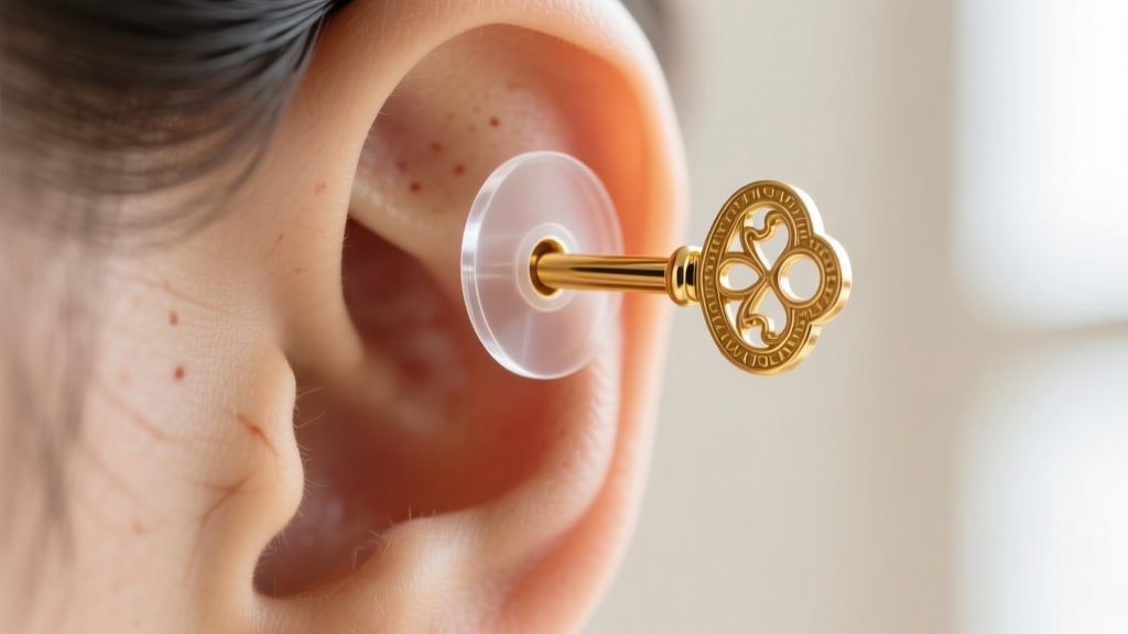 Macro shot of a clear silicone earring support patch applied to the back of an earlobe, securing a heavy gold key earring post.