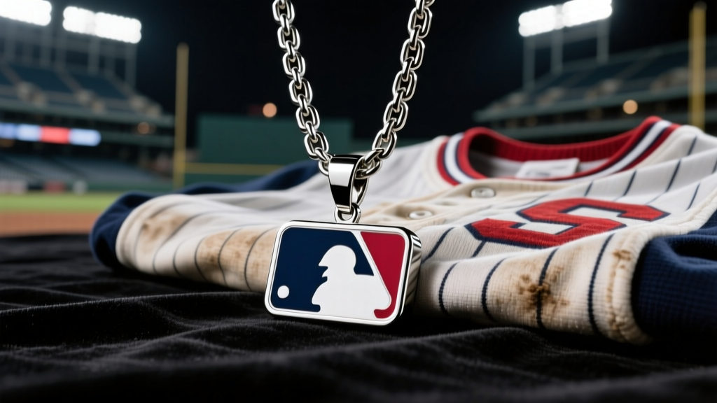 Stainless steel MLB logo pendant on a thick Cuban link chain resting on a vintage baseball jersey under bright stadium lights