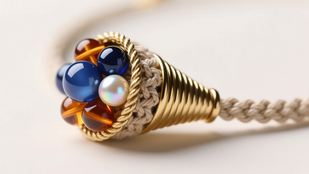 Finished crochet and bead necklace end cap, showing the epoxy-set rope core secured inside a ribbed gold-plated brass cone clasp.