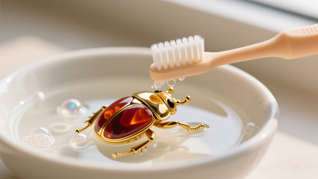 A soft-bristled baby toothbrush gently cleaning a gold scarab pendant with carnelian inlay in a bowl of mild soapy water