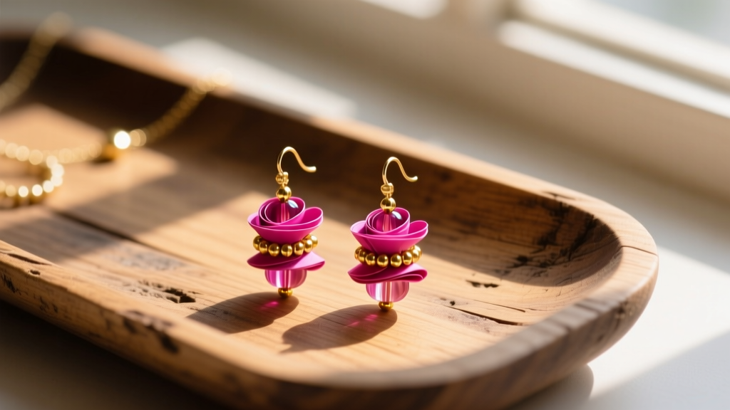 Vibrant hand-rolled magenta and gold paper bead dangle earrings resting on a rustic wooden jewelry tray in warm natural sunlight