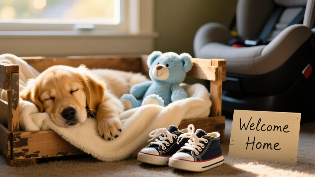 Golden retriever puppy sleeping peacefully in a cozy crate lined with a soft blanket, next to a pair of child-sized shoes and a stuffed toy