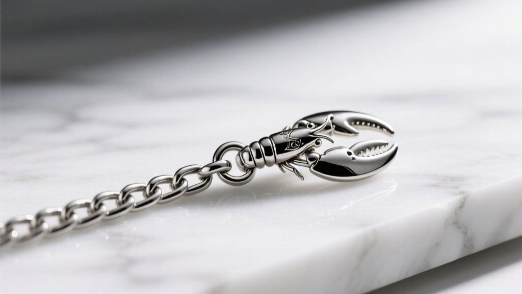 Macro shot of a silver chain extender attached to a lobster clasp, resting on white marble under soft, diffused natural light