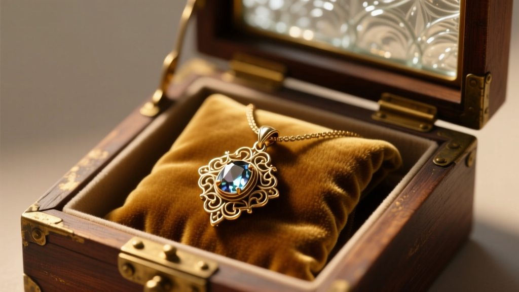 Velvet pendant slots in an antique jewelry display case under warm lighting, representing restricted memorabilia items