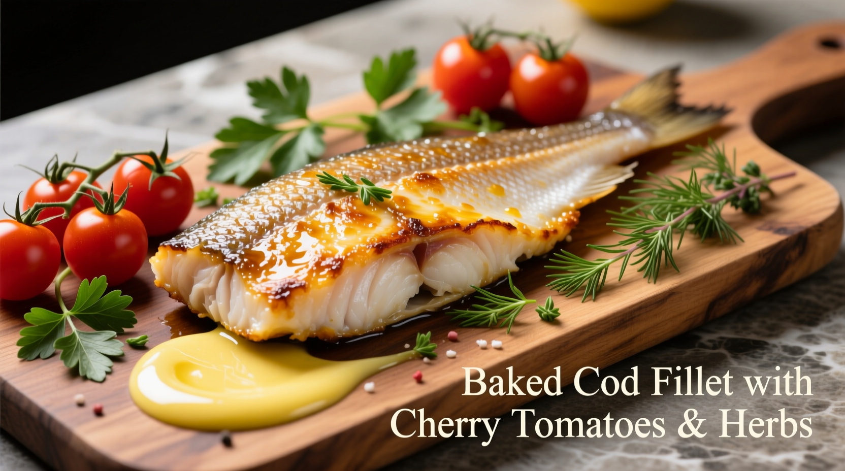 Baked cod fillet with cherry tomatoes and herbs