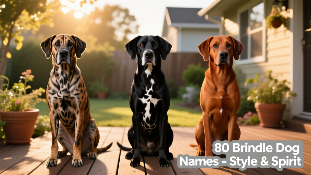 Side-by-side comparison of three different brindle dogs—showing variation in base color (fawn, black, reddish-brown) and stripe intensity