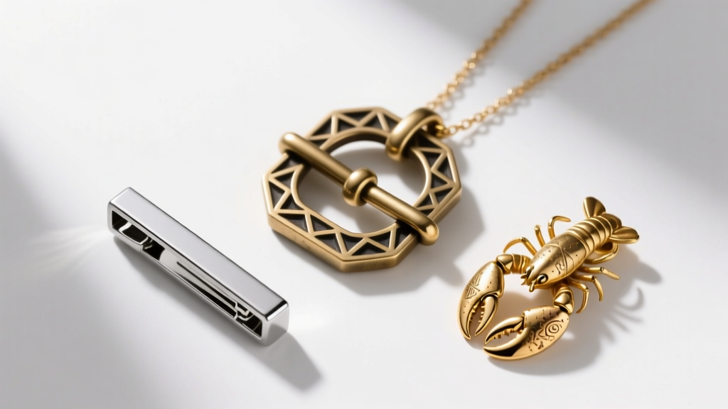 Overhead flat lay of high-end necklace clasps including a heavy brass toggle, a magnetic clasp, and a classic gold lobster claw.