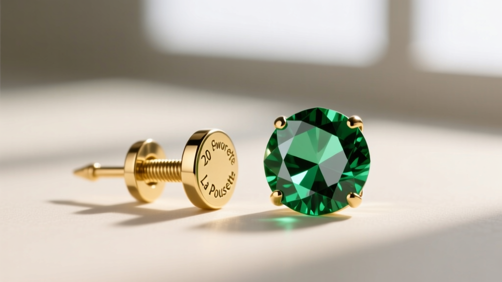 Macro shot of a 20-gauge gold earring post with a secure La Pousette backing resting next to a faceted green Swarovski crystal