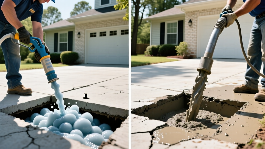 Side-by-side comparison of polyurethane foam injection and cementitious mudjacking slurry being pumped into a sunken driveway in South Carolina